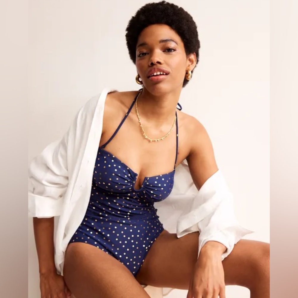 New BODEN U bar Swimsuit Navy with Gold Foil Dots 12
